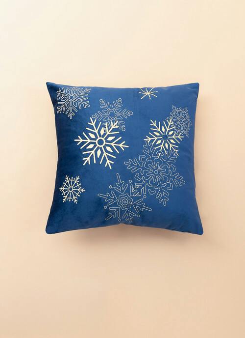 Snowflakes Embroidered Velvet Navy Cushion
