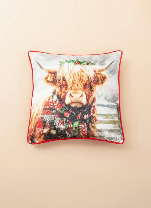 Highland Cow Printed Velvet Red Cushion
