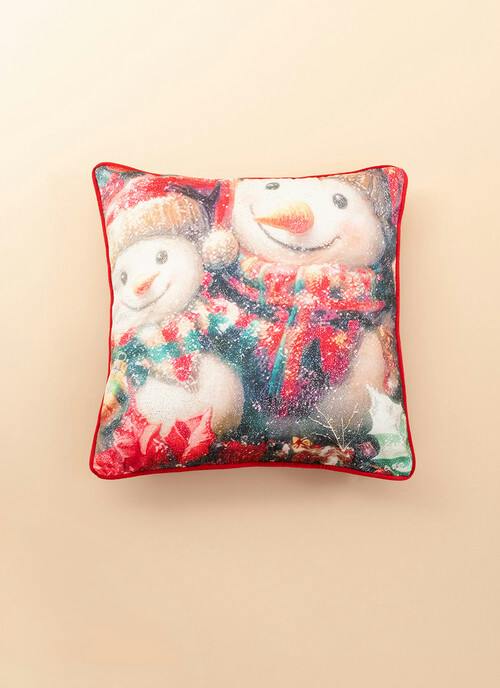 Snowmen Printed Velvet Red Cushion
