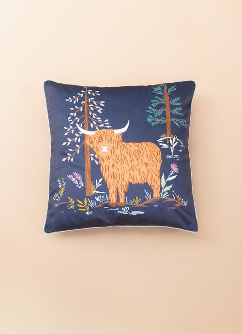 Hanley Highland Cow Print Navy Velvet Cushion
