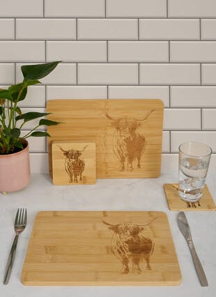Highland Cow Etched Bamboo Set of 2 Placemats