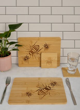 Bees Etched Bamboo Set of 2 Placemats