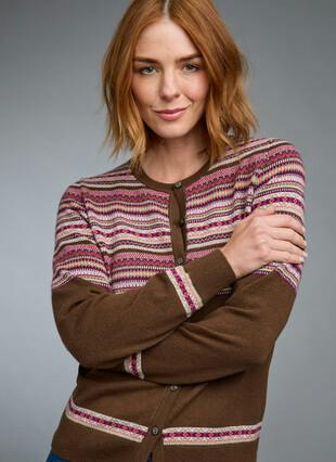 Pure Cashmere Yoke Fairisle Crew Neck Cardigan