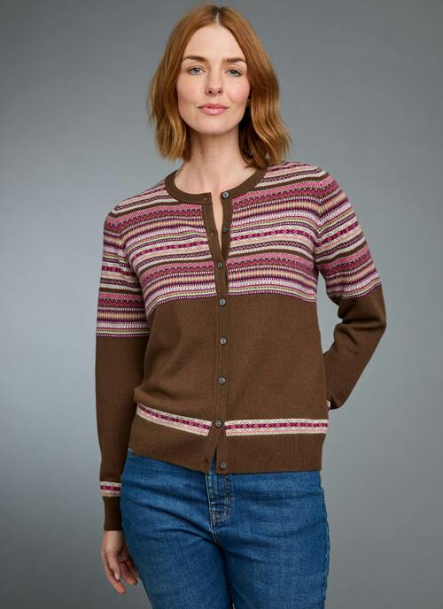 Pure Cashmere Yoke Fairisle Crew Neck Cardigan
